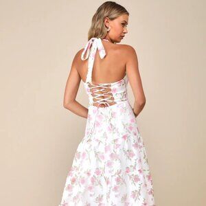 Adored Sweetness Ivory Floral Burnout Lace-Up Halter Midi Dress
